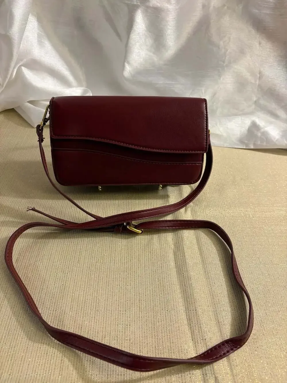 Burgundy Asymmetrical Flap Multi-Compartment Wallet Crossbody Bag